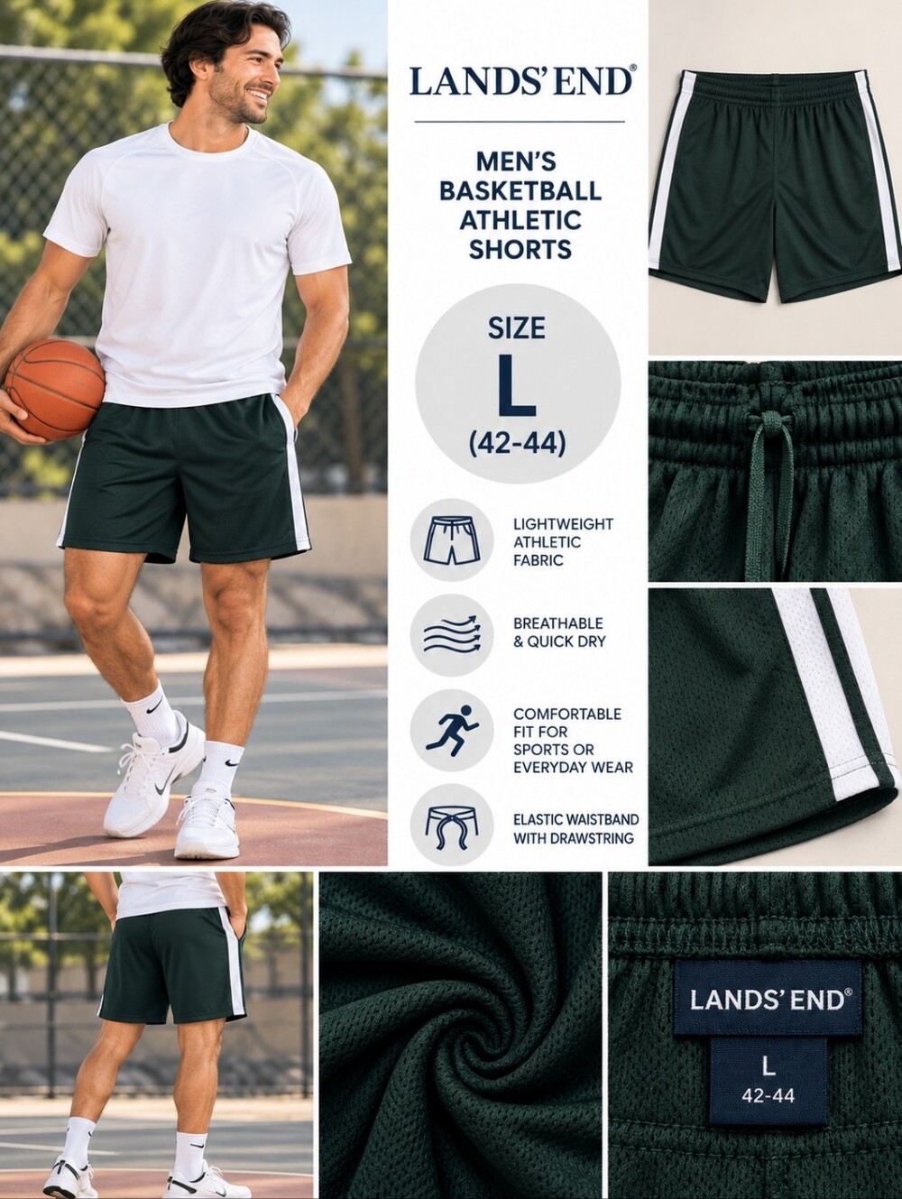 Lands end mens large green basketball athletic shorts #37